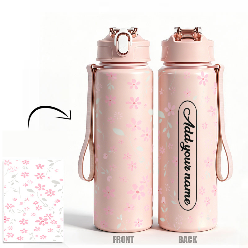 TEMU Custom Personalized Diyname Text Water Bottle 1pc 750ml 25oz Leakproof Sports Water Bottle Cup Light Pink Flowers And Gray Leaves Scatter White