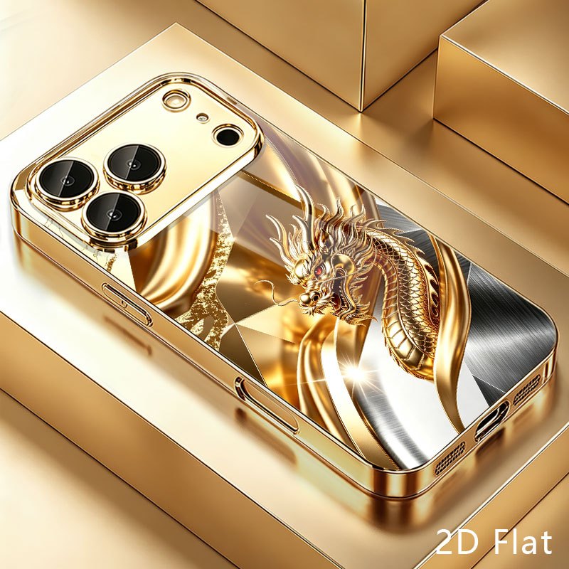TEMU Phone Case - 2d Flat Golden 3d Dragon Pattern Geometric Light And Shadow Luxurious Pattern Electroplated Glass Phone Case Suitable For Iphone