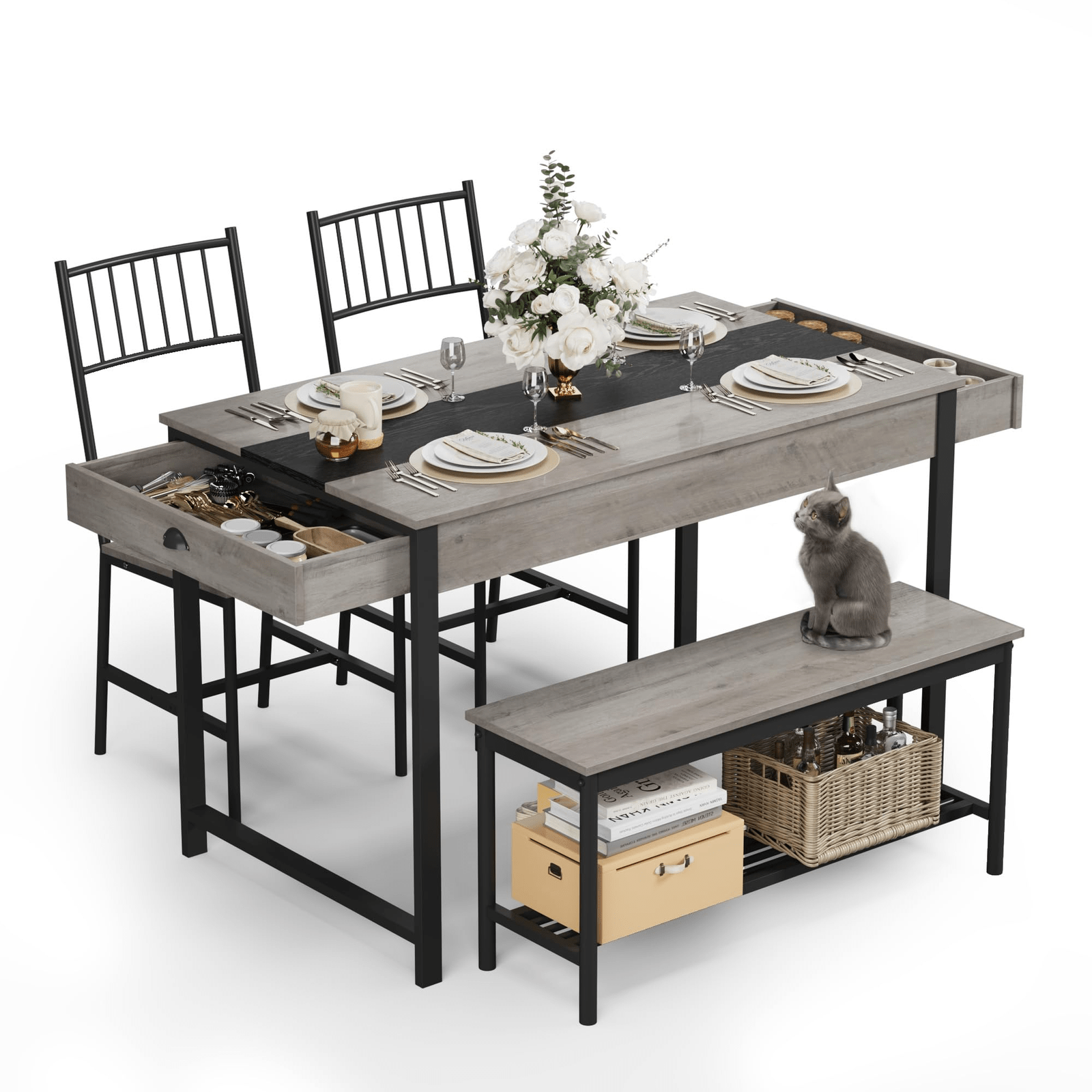 GarveeHome Dining Table Set for 4, Small Kitchen Table and 2 Chairs for 4 with Bench, Space Saving Kitchen Table Set with Storage Rack & Drawers, Breakfast Nook Rectangular Farmhouse Table Set, Grey
