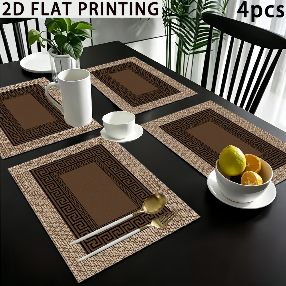 TEMU 4pcs Brown Meander Placemats With Golden And Beige Accents, 12x18 Inch Polyester Table Mats, Suitable For , Holiday Family Parties,