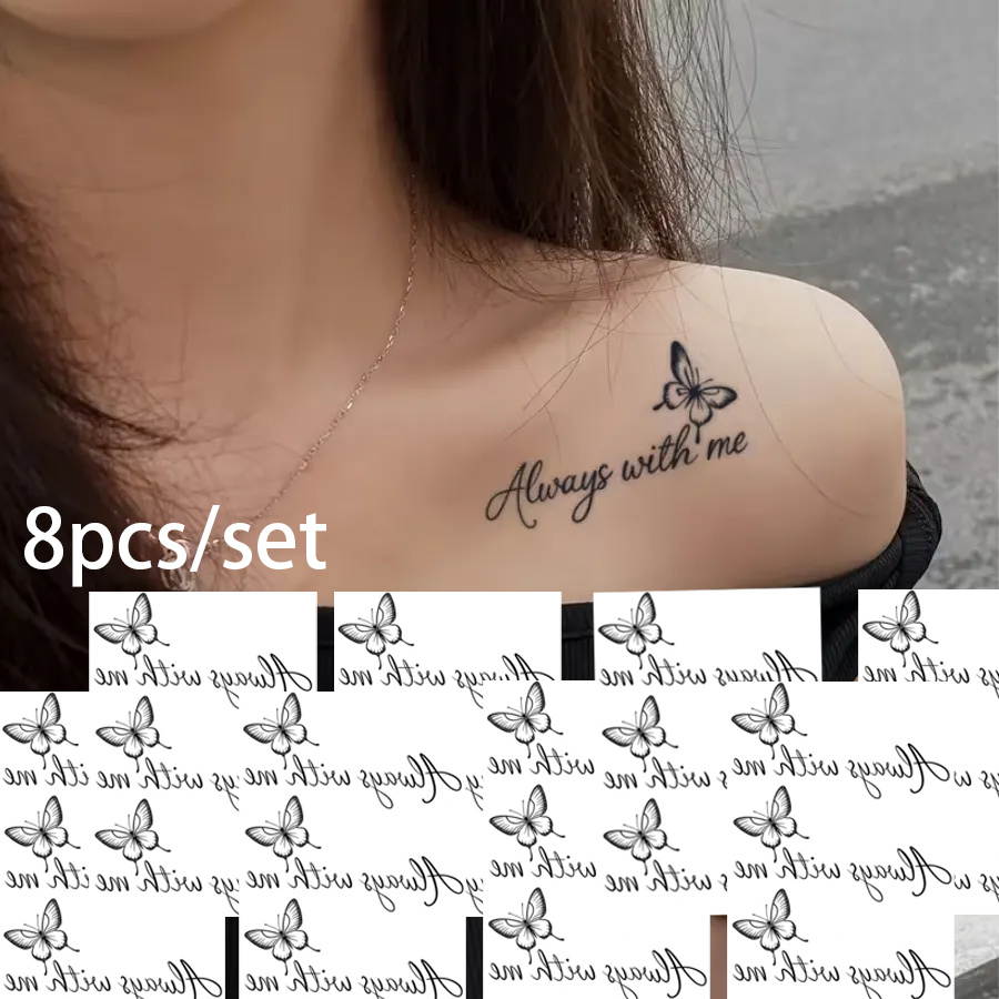 Image of 8pcs Fine-line With Me English Tattoo Stickers To Commemorate Waterproof Small Stickers To Collarbone At Music Festivals, Bars, Trendy Gatherings, And Other Occasions