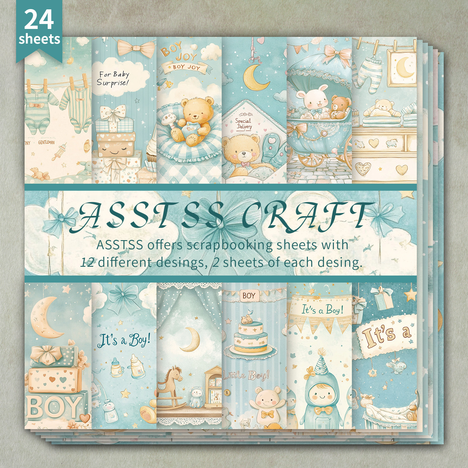 TEMU ASSTSS Bloc de Papier Scrapbooking 24 Feuilles - Carton Épais Thème Bébé Garçon avec , 6x6 Pouces, Idéal pour Journaling, Art Collage, Cartes de