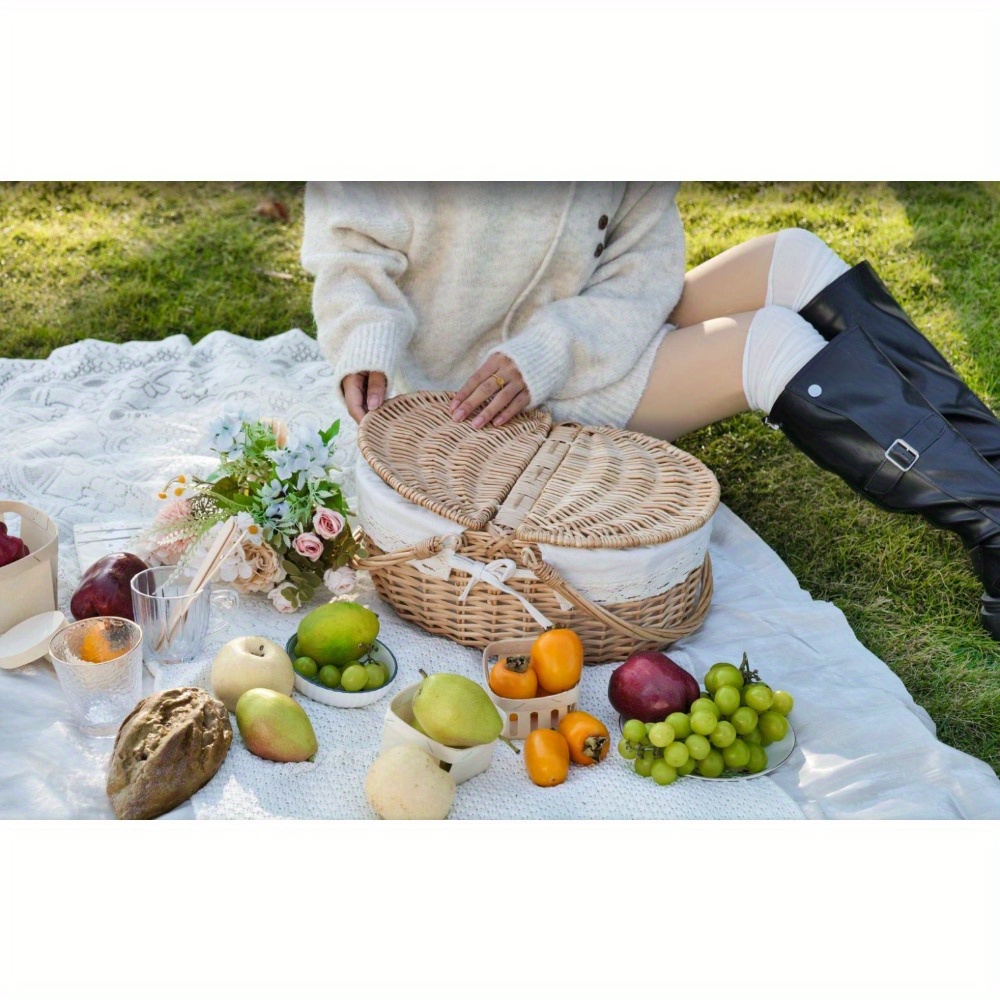Panier Pique-Nique Osier Rouge Avec Doublure - 27x25cm, Poignée Et Couvercle - Pour Camping, Rangement Alimentaire