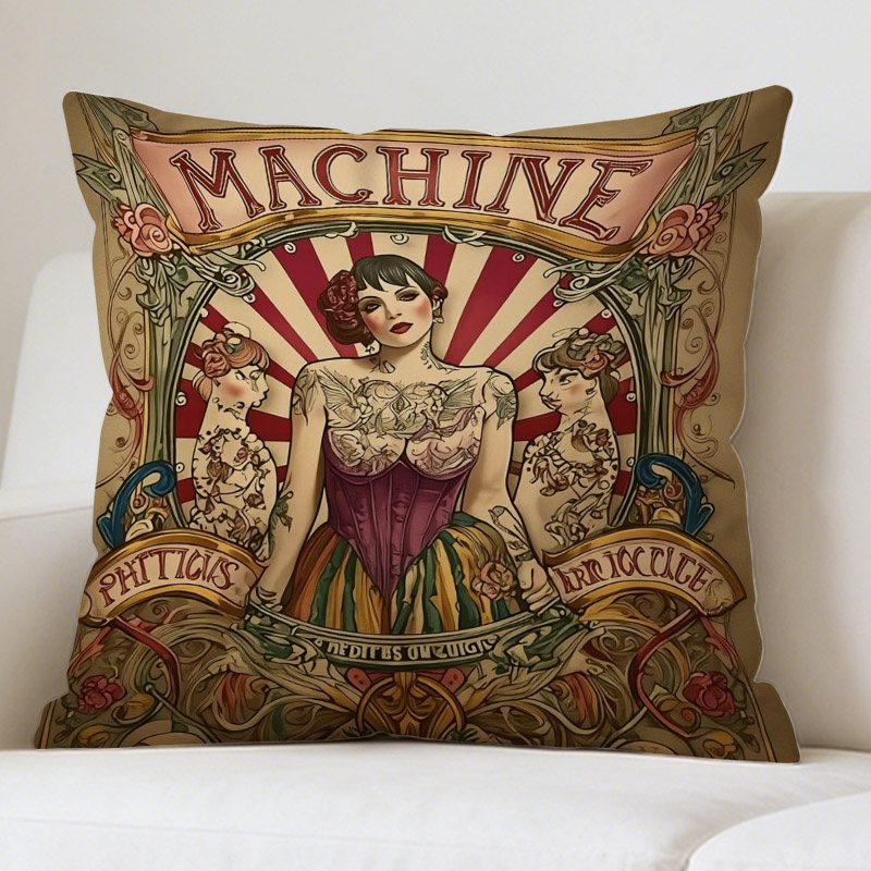 TEMU 1pc Of A Vintage Tattooed Woman Design Pillow Cover, Measuring 17.72 Inches By 17.72 Inches, Featuring Double-sided Printing. This Decorative