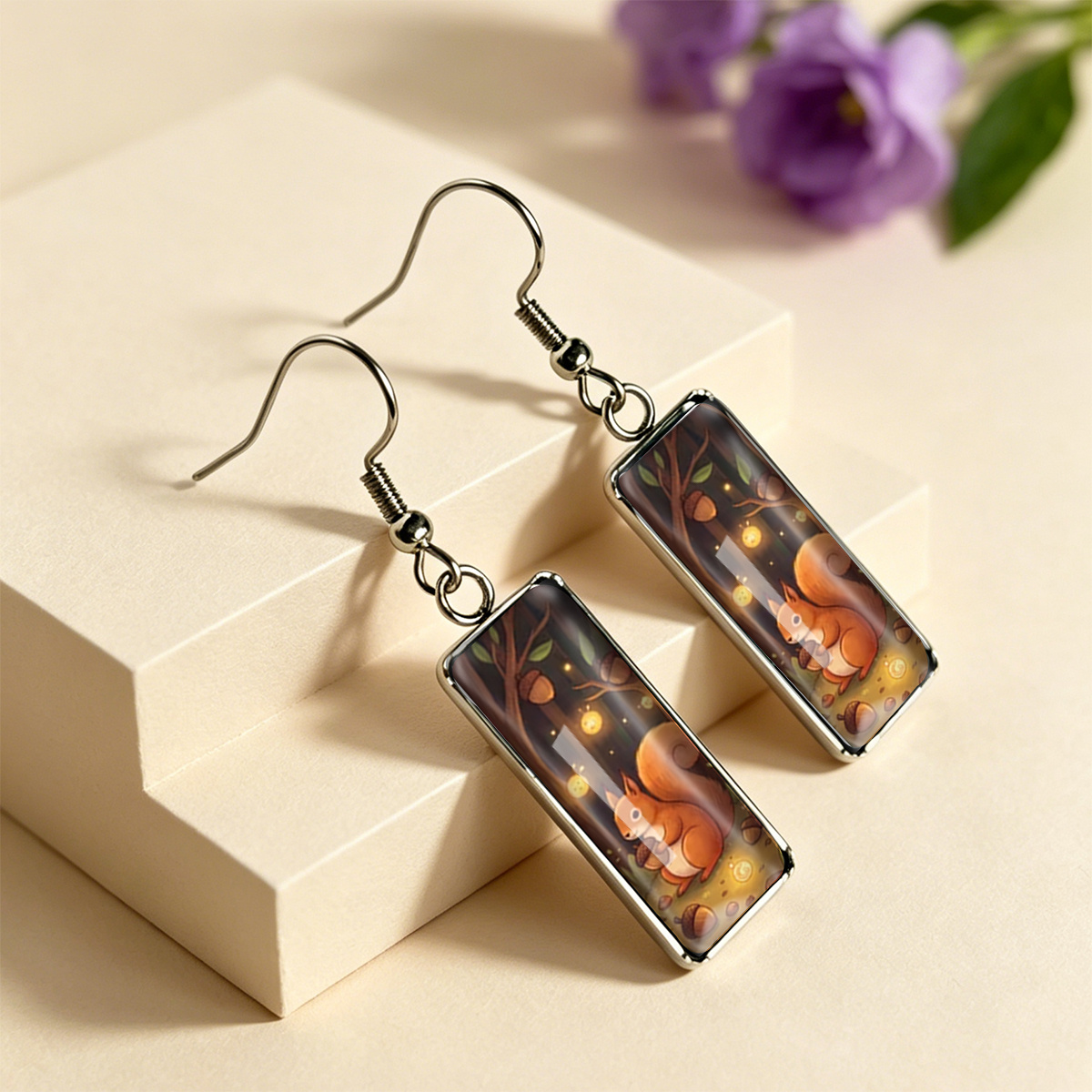 Autumn Night Forest Squirrel Acorn Firefly Cartoon Earrings, Unisex
