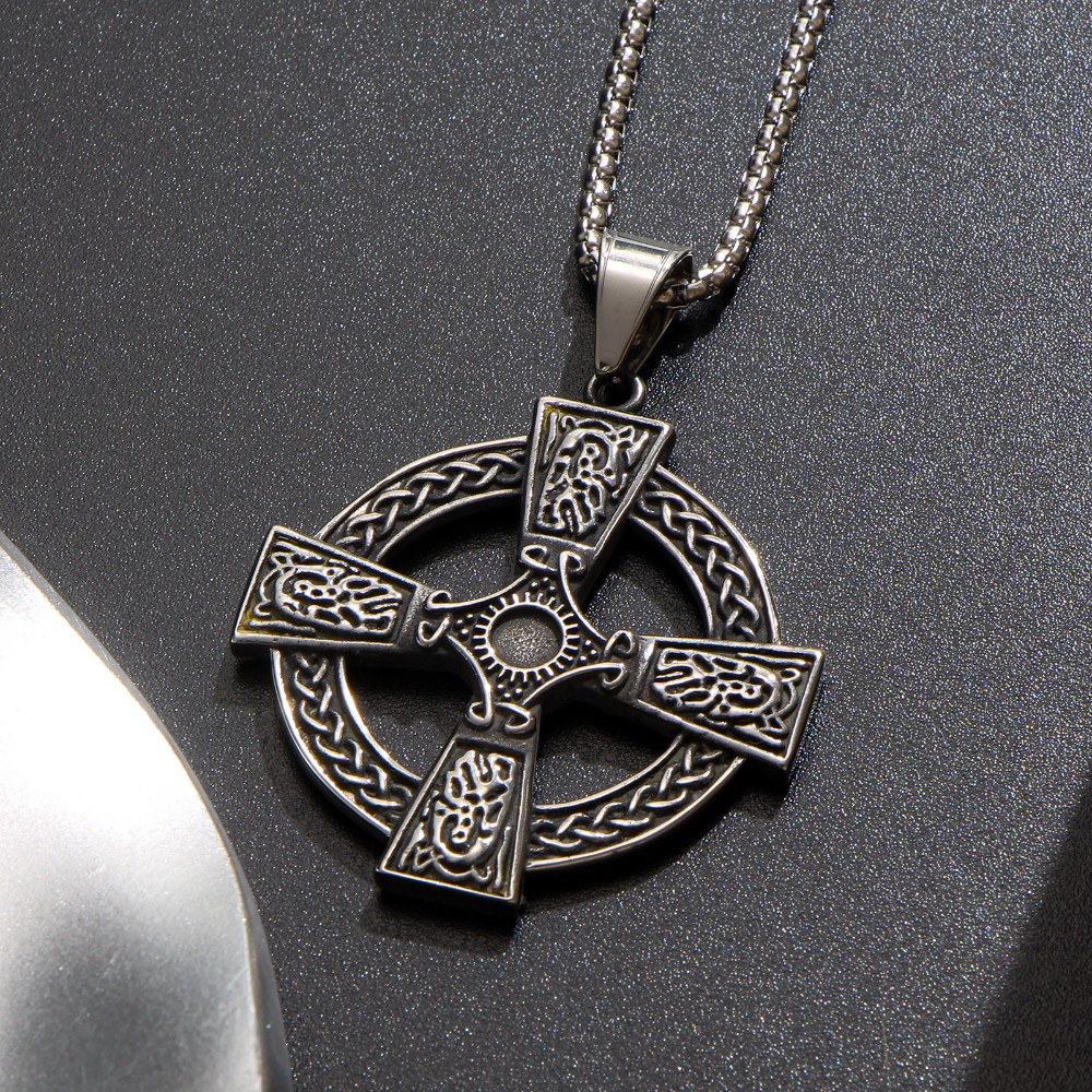 Image of Antique Silvery Celtic Knot Cross Pendant Necklace For Men Celtic Style Jewelry With Intricate Knotwork And Carvings Gift For Irish And Medieval Fashion Enthusiasts