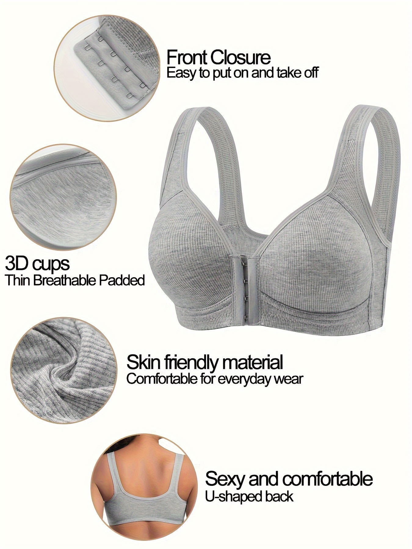 4pcs womens elegant seamless push up bras front closure breathable nylon non padded   fit beige black for casual attire casual outfits wirefree bras sleek bra design smooth texture   Product details 3