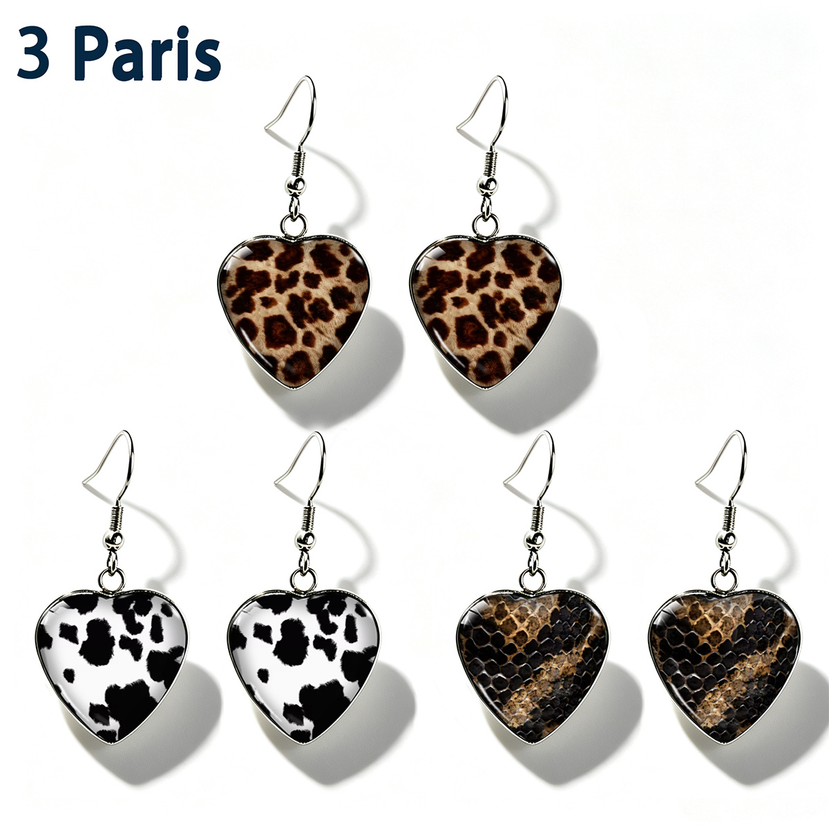 TEMU Lot de 3 paires de boucles d'oreilles tendance imprimées léopard, vache, tachetées, texture et de cœur, unisexes et polyvalentes en acier
