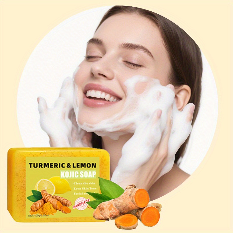 [7pcs Turmeric Soap] 7pcs Natural Turmeric & Lemon Kojic Acid Soap Bars | Gentle Cleansing Soap with Vitamin C, Glycerin & Essential Oils for All Light Beige Types, Brightening & Even Light Beige, Alcohol-Free