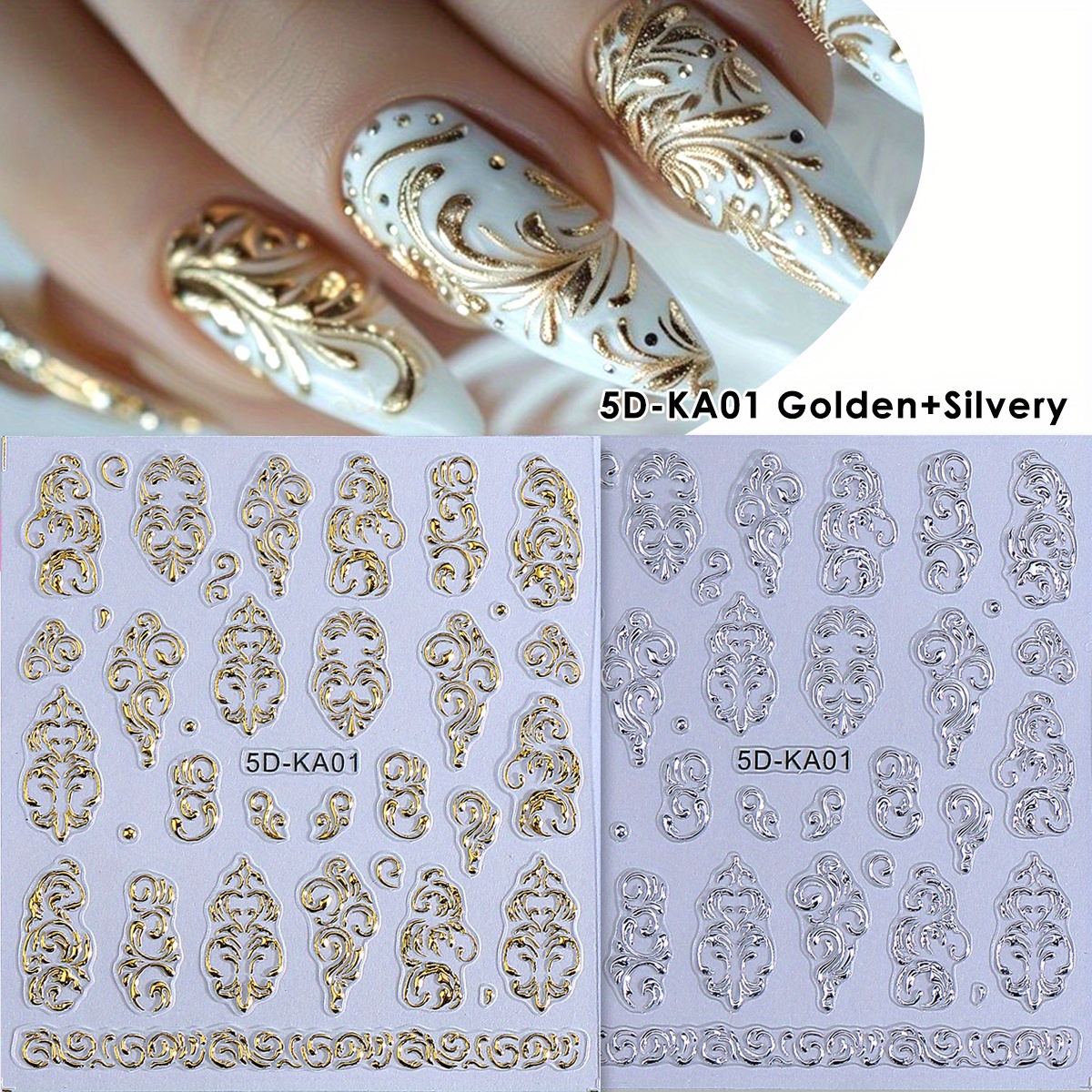 Image of 2-color 5d Luxurious Vintage Lace Flower Nail Stickers With Golden And Silvery Totem, Exquisite Embossed Nail Art Suitable For Women And