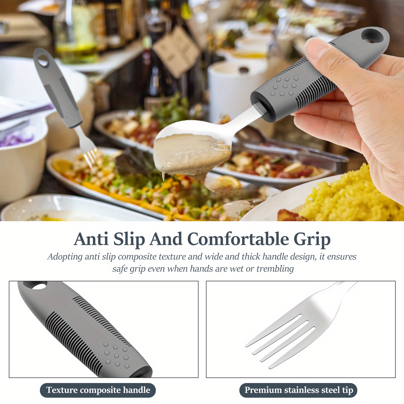 4pcs Adaptive Utensils Stainless Steel Built Up Utensils for Adults Complete Weighted Utensils Set Nonslip Easy Grip Silverware for Elderly and Persons with Shaking Hands Adaptive Utensil Set Easy Grip Silverware Set Adaptive Silverware Weighted