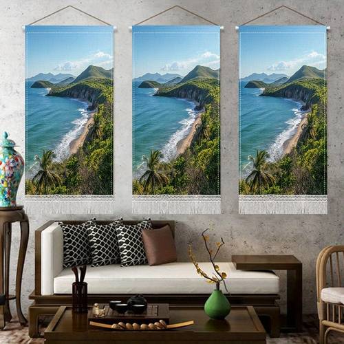 item picture seaside scenery printed tassel wall hanging coastal beach scene with palm trees and ocean waves bedroom or living room decor adds to bedroom wall decor flowing design beach theme decor