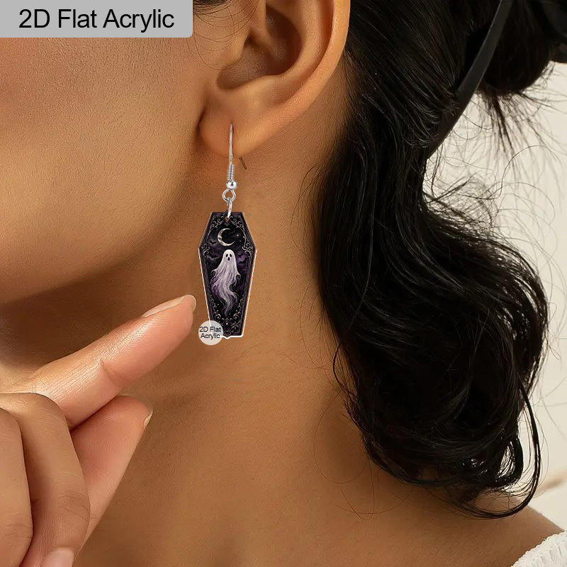 Coffin-Shaped Purple Ghost Acrylic Dangle Earrings, Halloween Style