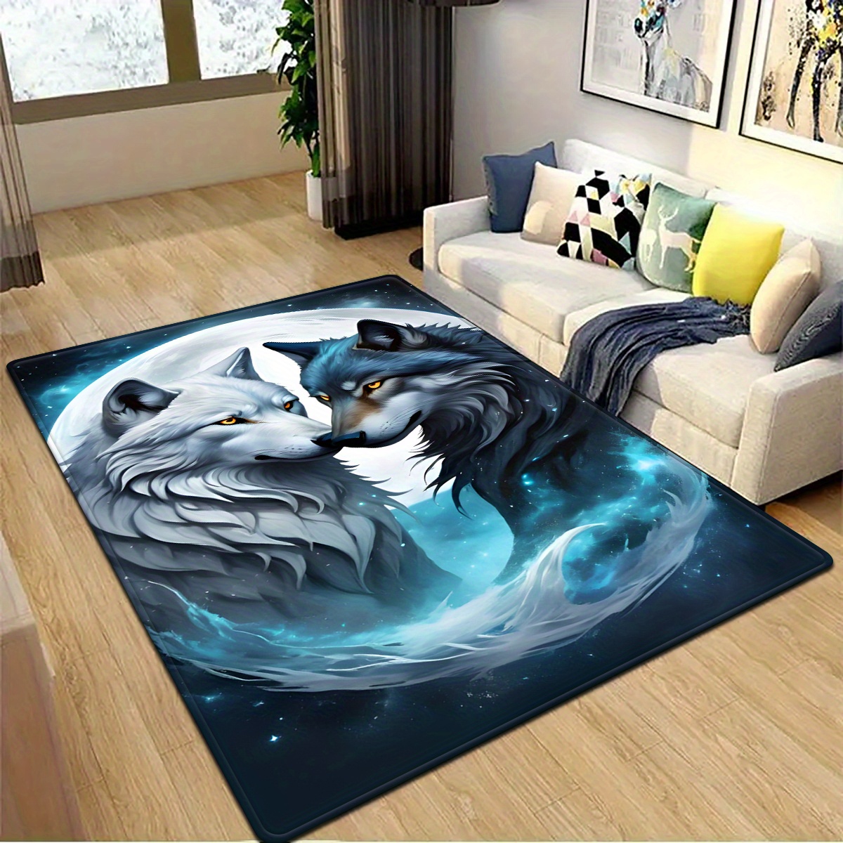 TEMU 1pc Under Series Black And White Double Wolf Pattern Square Carpet Suitable For Bedroom And Living Room Decoration, Indoor Use