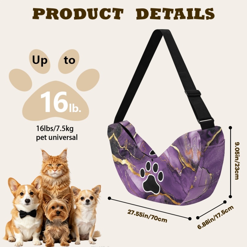 1pc hands free   sling bag with adjustable strap lightweight polyester   travel pouch snap button closure marble print design for small dogs cats puppies compatible with dogs and cats up to 5 kg