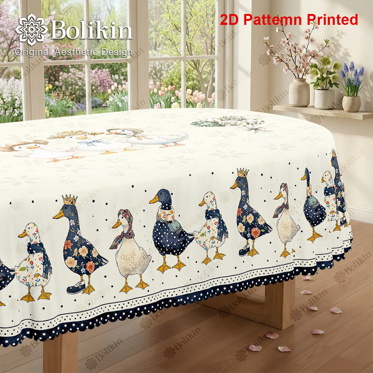 TEMU 1pc, Goose Themed Party Tablecloth, Spring Summer Easy Polka Dot Floral Cartoon Style Printed Design, Rectangular/round/oval Table Cloth,
