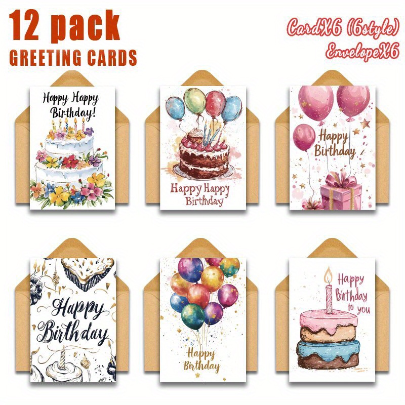 TEMU 12/24pcs Birthday Card Set With Envelopes, Featuring Simple Cakes, Colorful Balloons, And Multi-occasion Mixed Blank Cards. Birthday Greetings