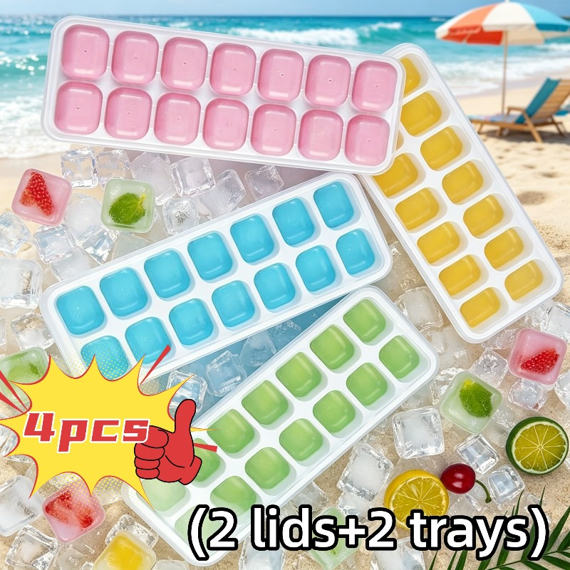 Image of 4pcs Cube Tray Set With Lids (2 Lids + 2 Trays), Easy-release Soft Ice Molds, Food-grade Square Ice Cubes, Heavy-duty Ice Tray Mold, Random Colors, Summer Essential, , Must-have For Chilled Beverages!