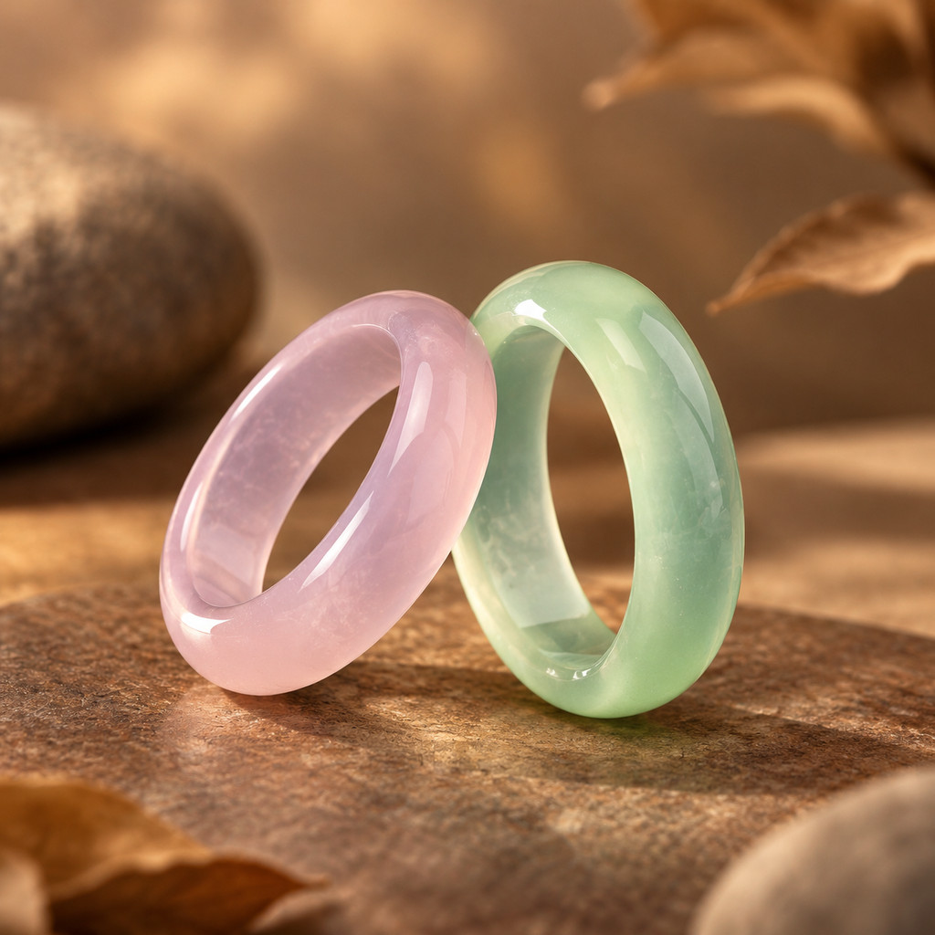 2pcs Pink & Green Agate Natural Stone Band Ring Set, Stackable