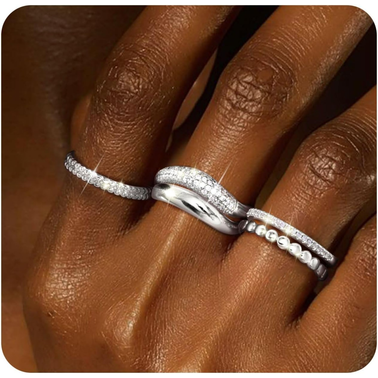 Image of 5pcs Women' Stackable Cubic Synthetic Zirconia Rings - Non-tarnish Dainty Thumb & Chunky Band Suitable For Engagement Wedding Promise Bands, Casual Attire, Parties, Size 6 (valentine' Gift, )