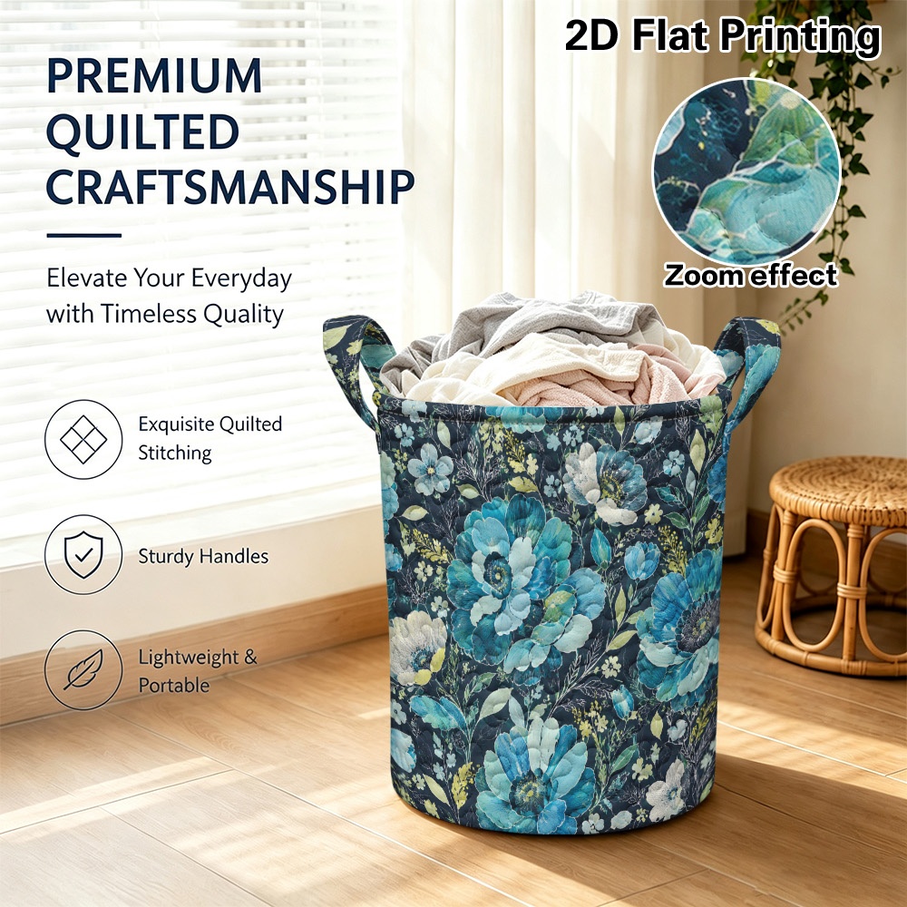 item picture 2d flat printing 1pc blue floral   round quilted laundry hamper with handles large capacity and foldable suitable for storing gifts for christmas parties and   yoga supplies bed household   laundry baskets