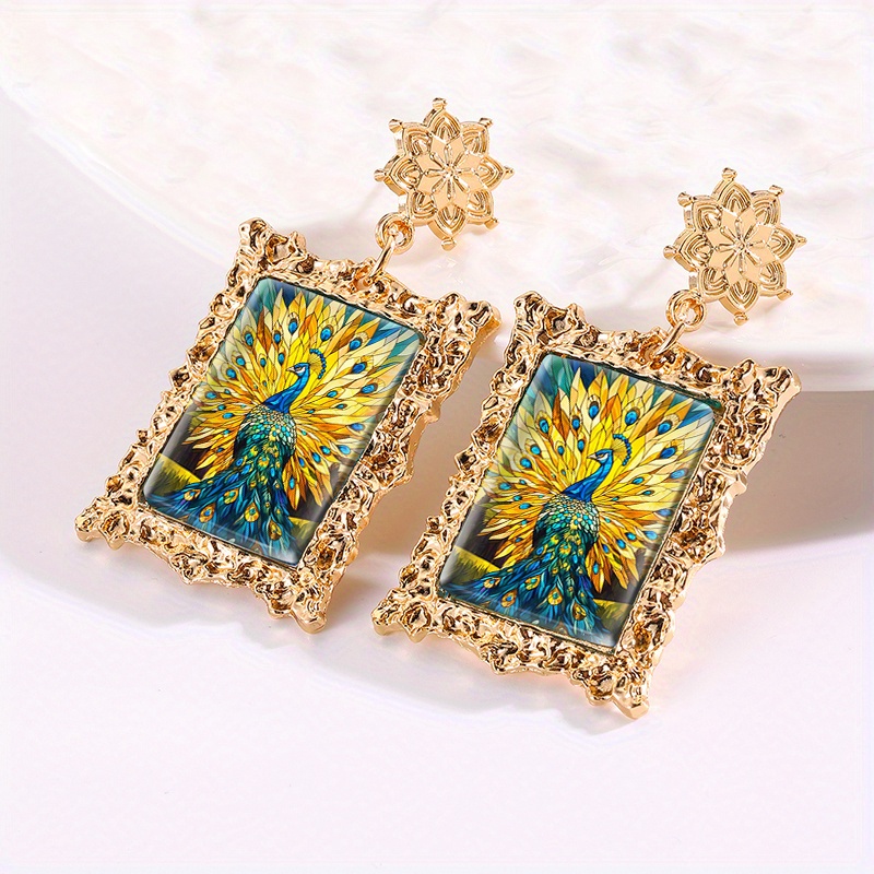 Women's Peacock Feathers Picture Rectangle Glass Cabochon Dangle Earrings