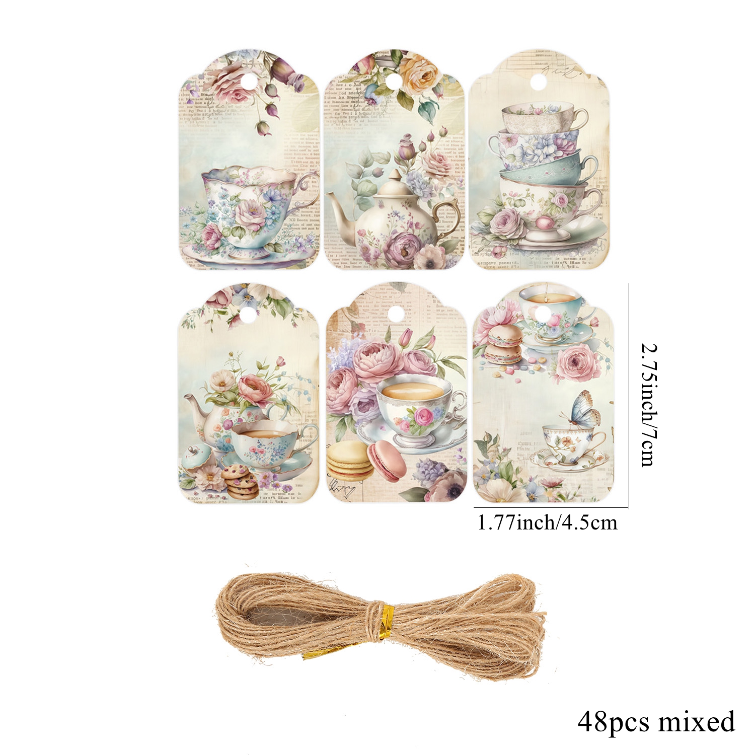 E-shop 48 Stück Vintage Teeparty-Etiketten mit rosa Blumen Teekanne & Tassen-Anhängern - Farben (Rosa,...) für Hochzeits-, Geburtstags-Teedekorationen,