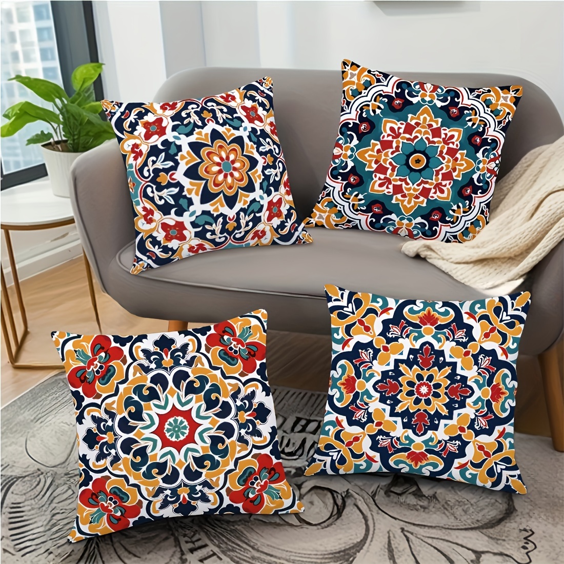 4pcs modern moroccan geometric pattern pillow covers-   carpet texture double-sided polyester material, zipper closure, machine washable, for living room and bedroom decoration(  not included), special double-sided printed cu, extra large pillow covers, pillow for living room, fun pillows, bed pillows decor, home decor, sofa cushions, contemporary design, durable fabric,   print, stylish cushion covers, throw pillowcases,   setup, Product details 3