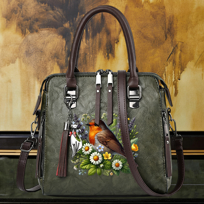 TEMU 1pc Vintage Bird & Floral Print Boston Bag, Elegant Top Handle Satchel Purse, Women's Versatile Shoulder Bag, Crossbody Handbag For Daily &