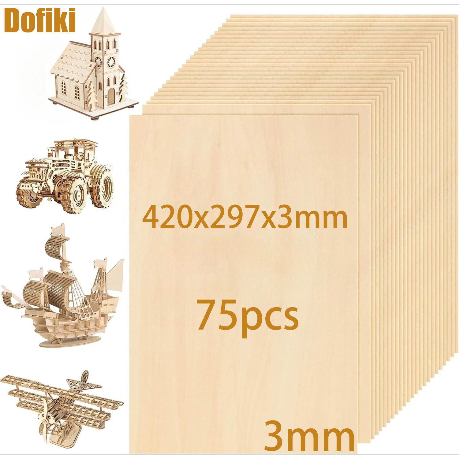 Image of Dofiki 25/50/75pcs Basswood Plywood 420x297x3mm, 3mm Unpainted Plywood Suitable For Arts And Crafts, Painting, Pyrography, Wood Carving, Wood Engraving, Laser Engraving, And Architectural Models
