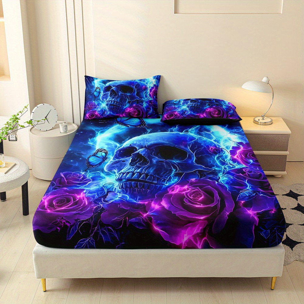 TEMU 3pcs Flower Printed Fitted Sheet Set, Queen Mattress Cover, Twin Mattress Protector, King Bedding Set, Polyester Machine Washable, Bedroom ,