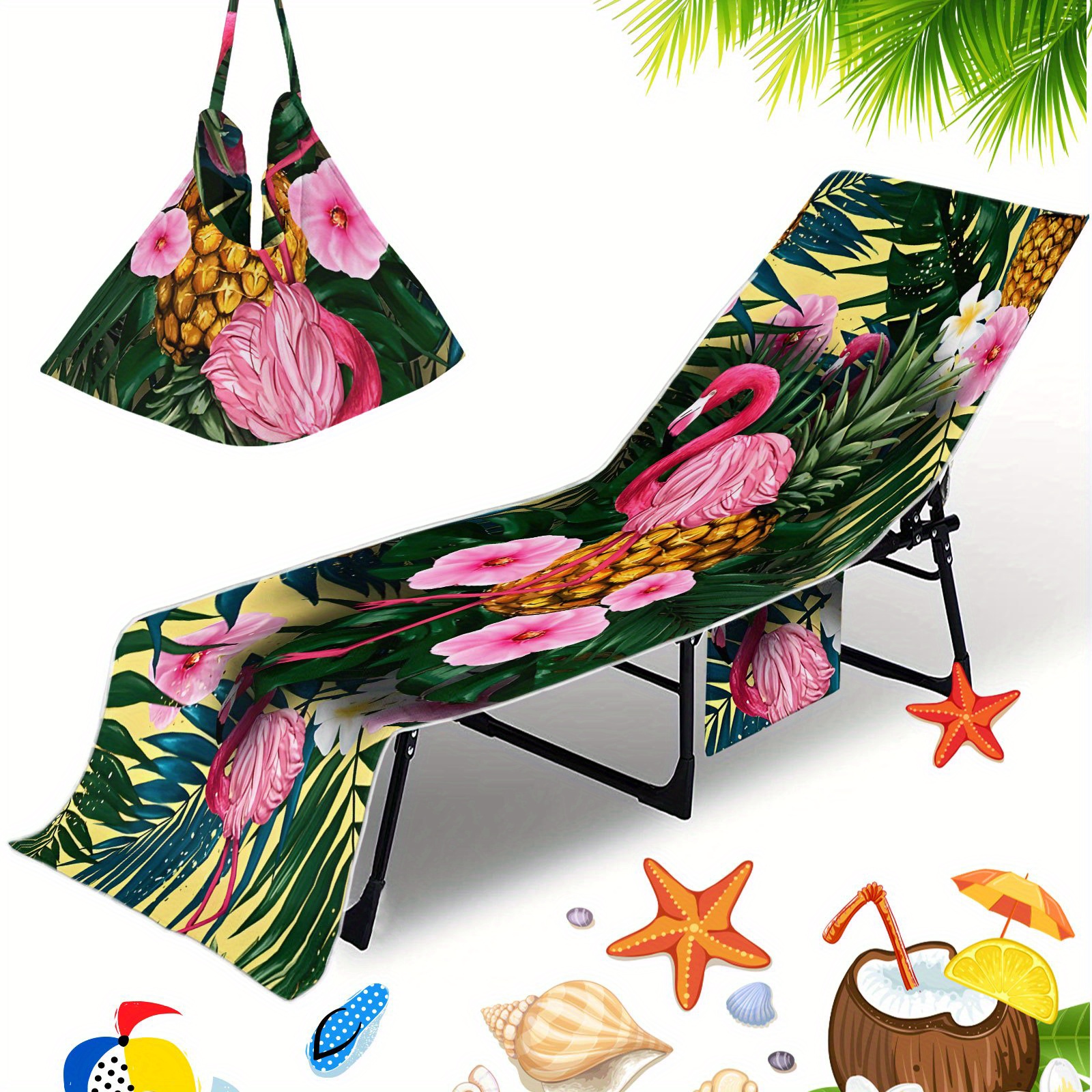 TEMU 1pc 1pcs & Flower Beach Chair Cover Suitable For Pool,, Travel - Quick-dry Microfiber Towel Cover With Pockets,, Holiday Accessories (machine
