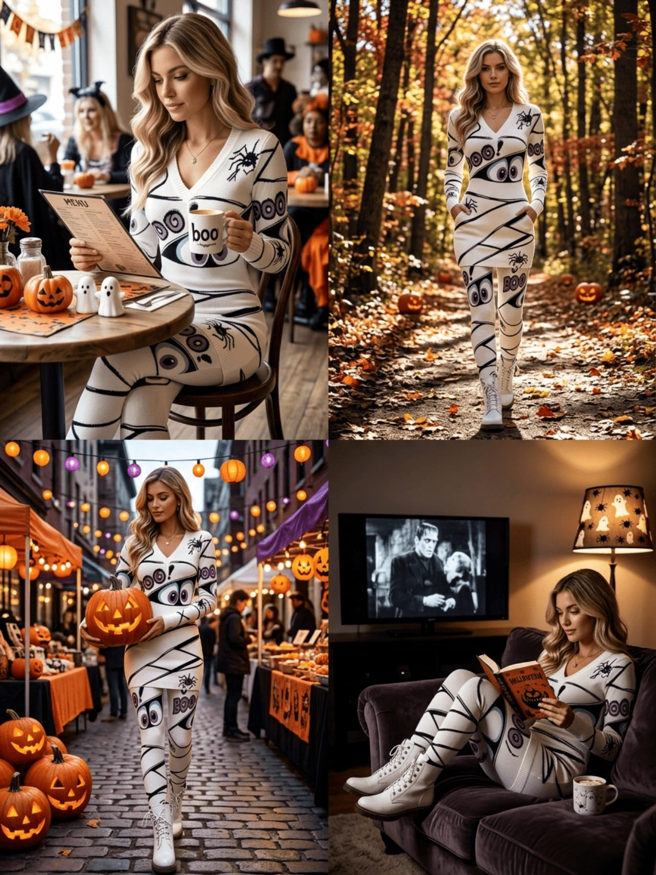 womens 2pcs   costume set with dress skinny pants   boo eye print neck outfit non stretch suitable for halloween parties cosplay themed   dress and pants for holiday outfits