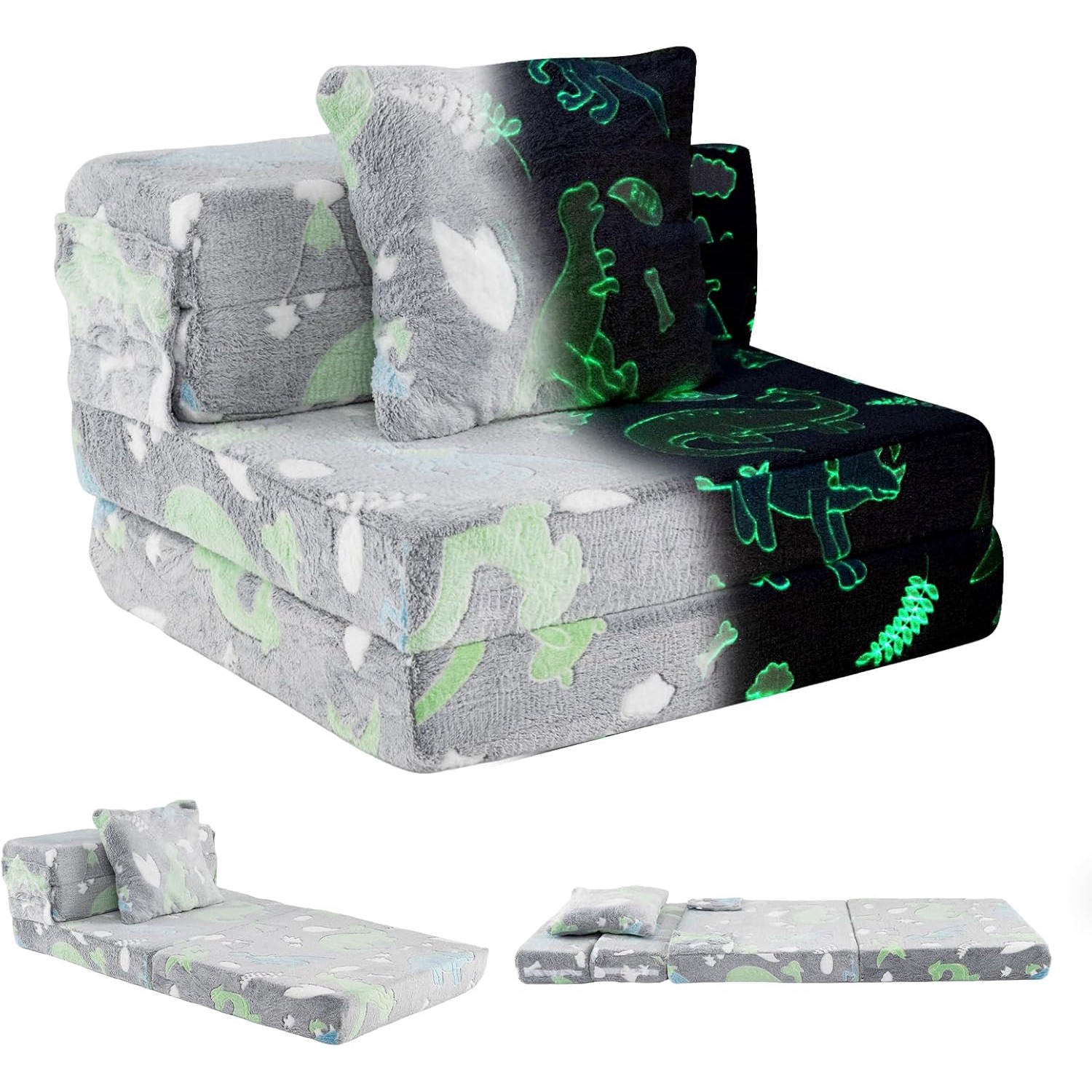 Image of 3-in-1 Convertible Kids Sofa Bed With Dinosaur Patterns - Floor Mattress Suitable For Playroom, Washable Zippered Covers & Pillow, Modern Bed For, Bedding, No , Grey