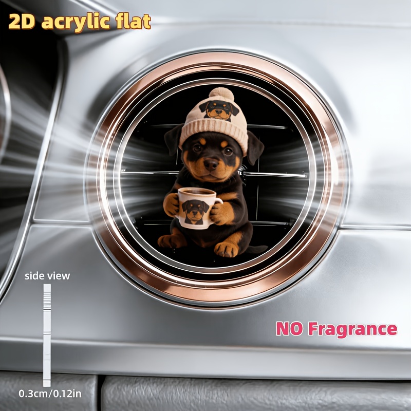 TEMU 2d Flat, 1pc Cute Rottweiler Drinking Coffee Car Air Vent Clip-on Decoration - Adorable Suitable For Christmas Gifts, No Scent Source Included
