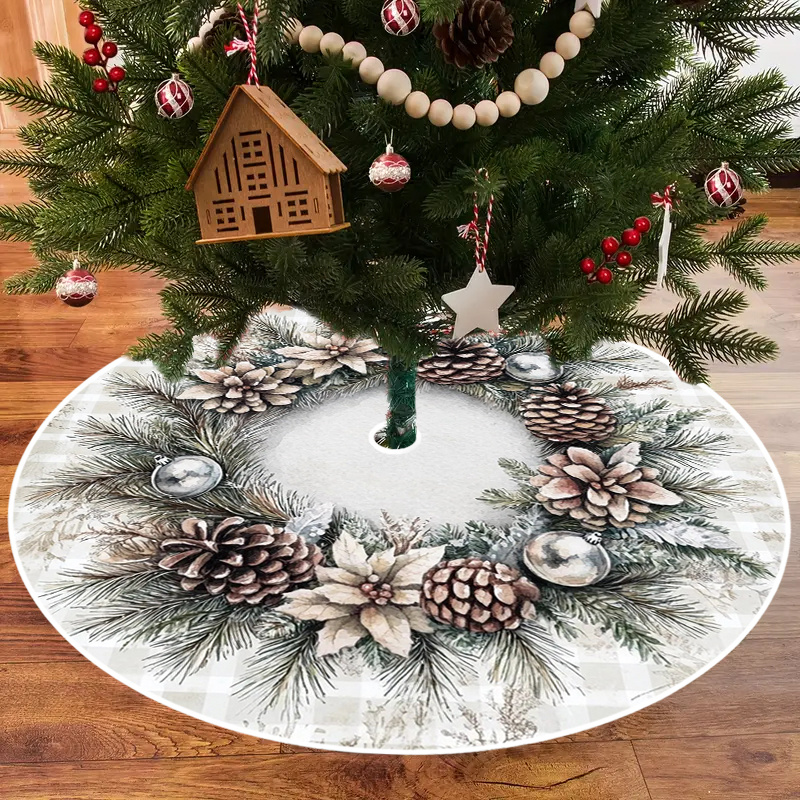 TEMU 2d Flat, 1pc, 2d Flat Vintage Decorative Brown And White Christmas Element Pattern Themed Trimmed Tree Skirt, Winter Home Decor, Christmas Tree