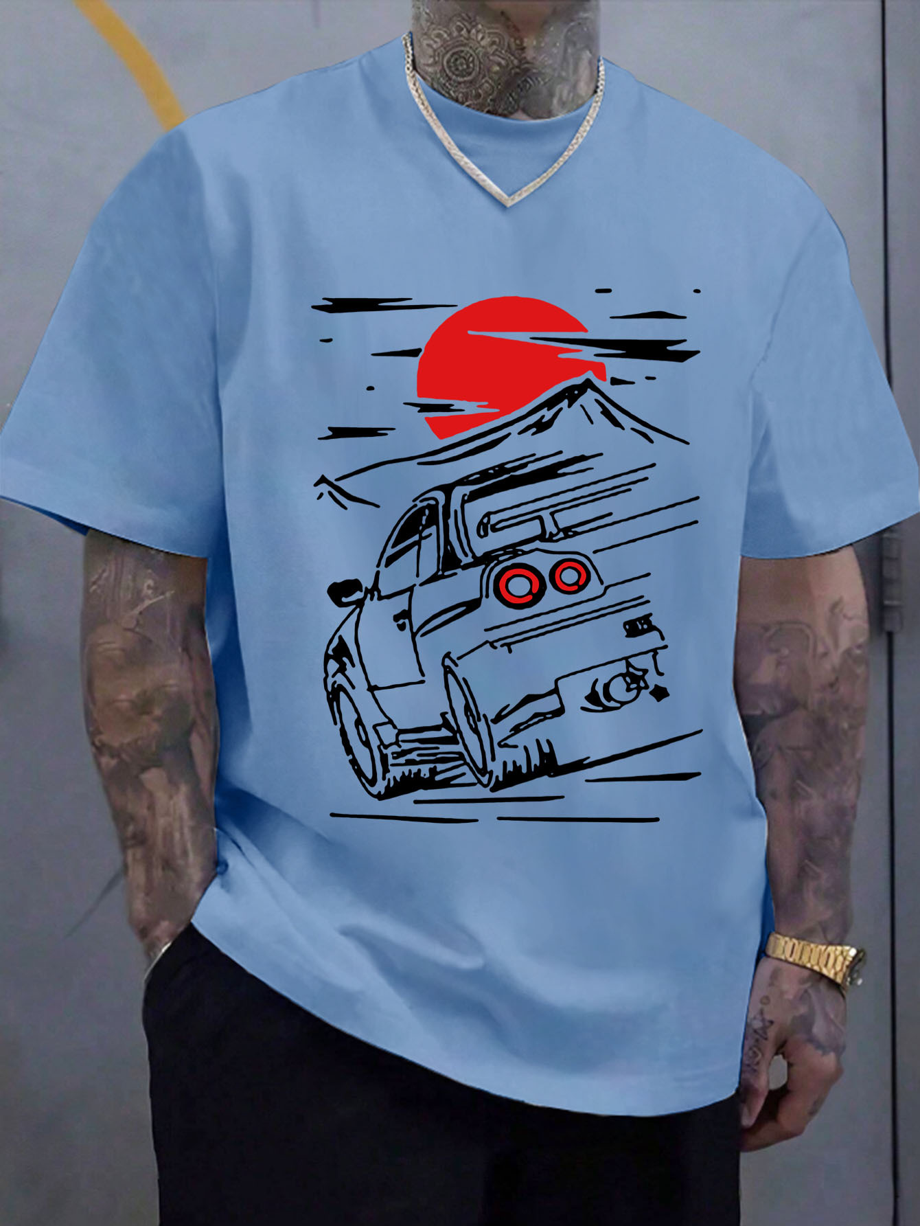 *'s Black Graphic T-Shirt Racing Car Sunset Design, 100% Polyester  Breathable Summer Tee, Regular Fit Casual Streetwear with White  Geometric