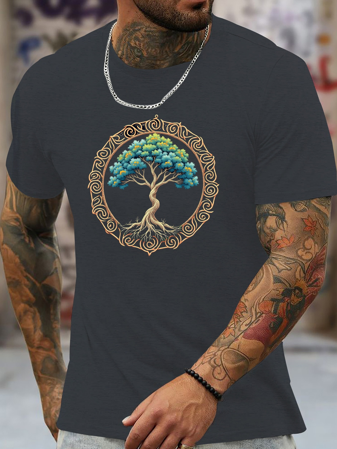 T-shirt Homme été Manches Courtes - Imprimé Arbre, 95% Polyester 5% élasthanne | Décontracté, Plage, Quotidien