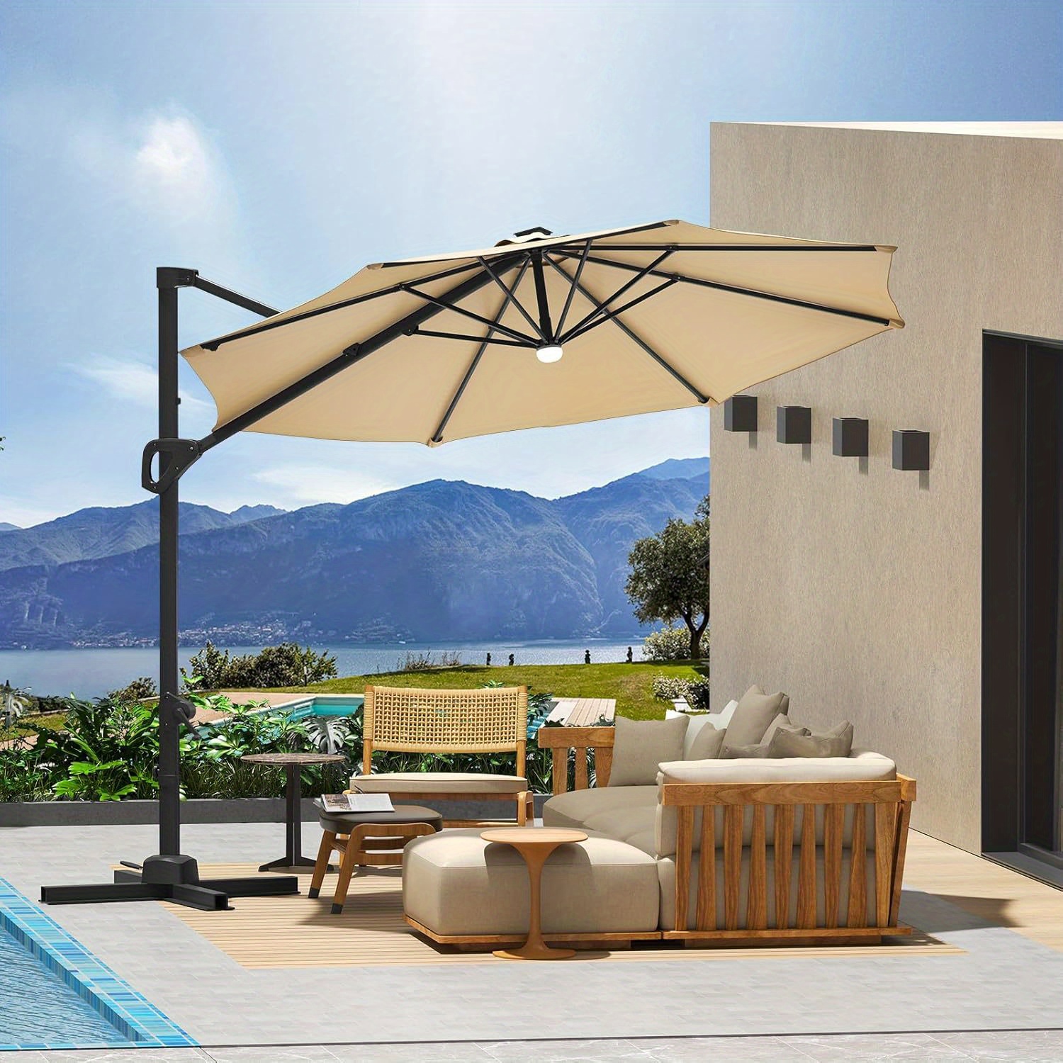 commercial patio tables with umbrella Flash Furniture 7 Piece Patio Table Set with 4 Stackable Chairs, 35" Table, Tan Umbrella, Base