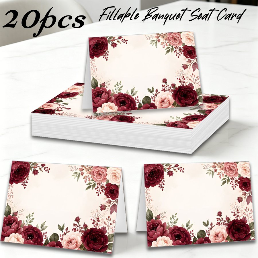 TEMU Cards | 20pcs 3.5 X 4.7 Inch Retro Wreath Design Cards, Blank Name Table Seating Cards For Wedding Birthday Banquet, Burgundy Floral Table Cards