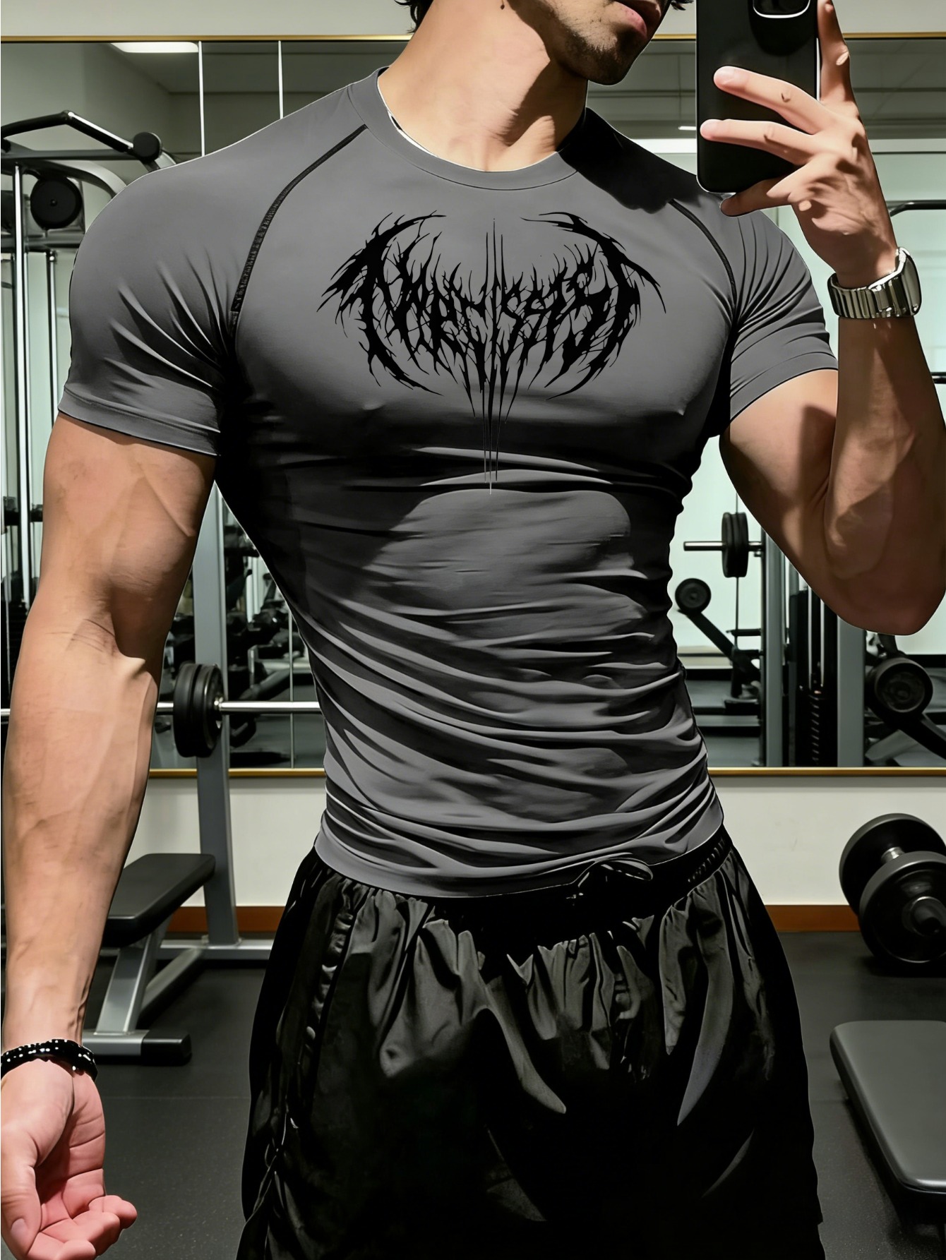 mens   metal letter print compression fit fitness shirt quick drying breathable     t shirt high   moisture wicking short sleeve workout top suitable for gym sports and casual wear
