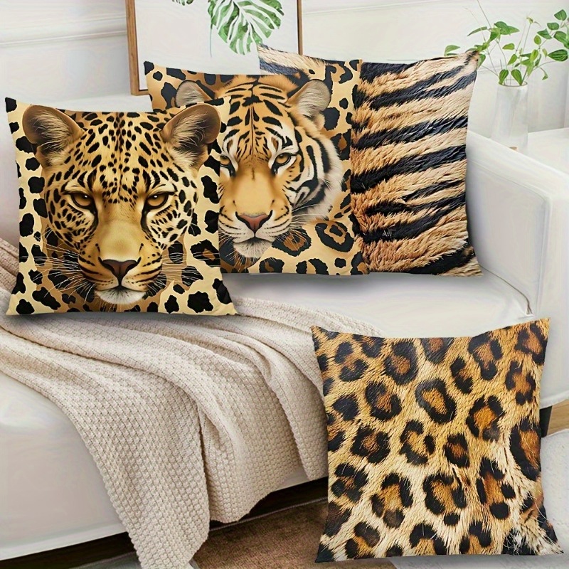 

4-pack Exotic Leopard & Tiger Print Throw Pillow Covers, 17.7" X 17.7" Polyester Soft Plush Cases, Contemporary Zippered Decorative Pillowcases For Home, Office & - Machine Washable