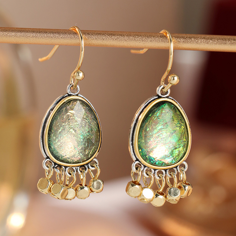 TEMU Ethnic Inlaid Green Resin Drop Women's Earrings Golden Color Geometry Daily Wear Party Jewelry Anniversary Gift