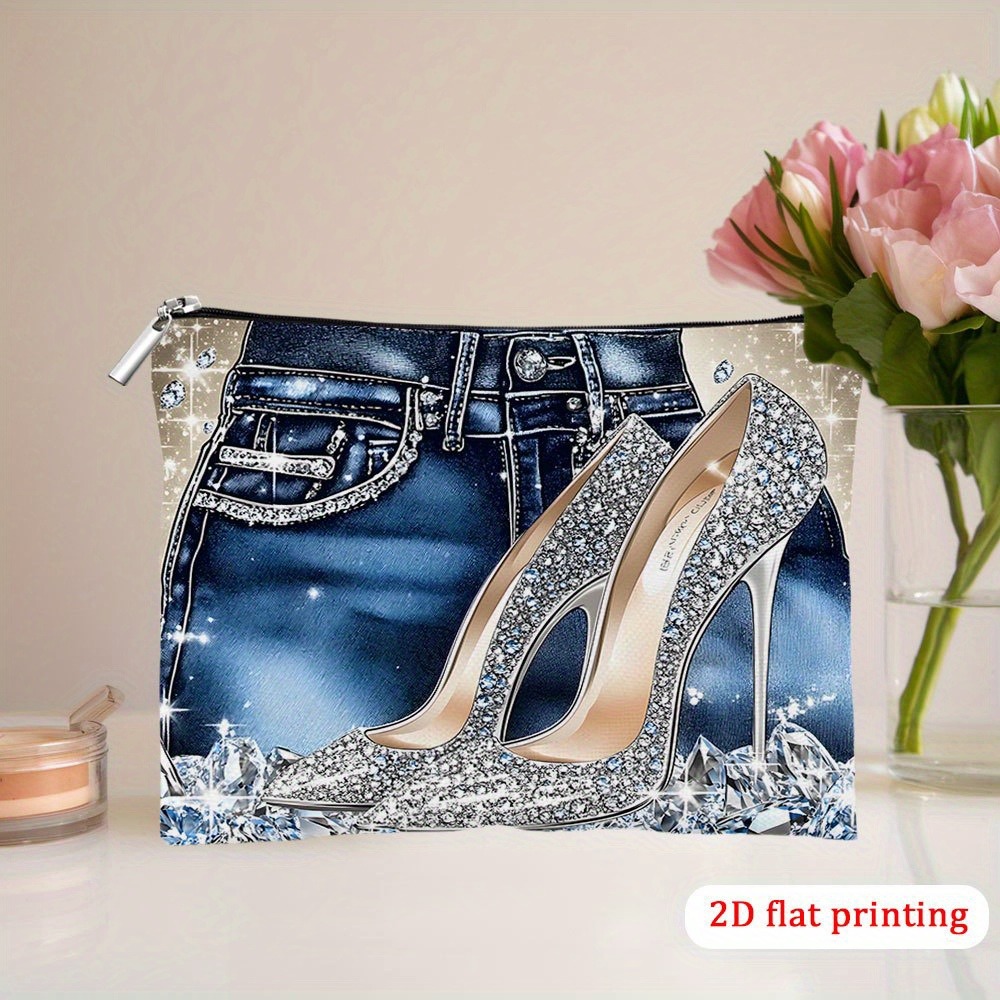 TEMU Beauty Case, 1 pz Beauty Case con Design Tacco Diamante e Jeans, Beauty Case Cosmetici Stampato 2D Flat, con Chiusura a Zip, Beauty Case da