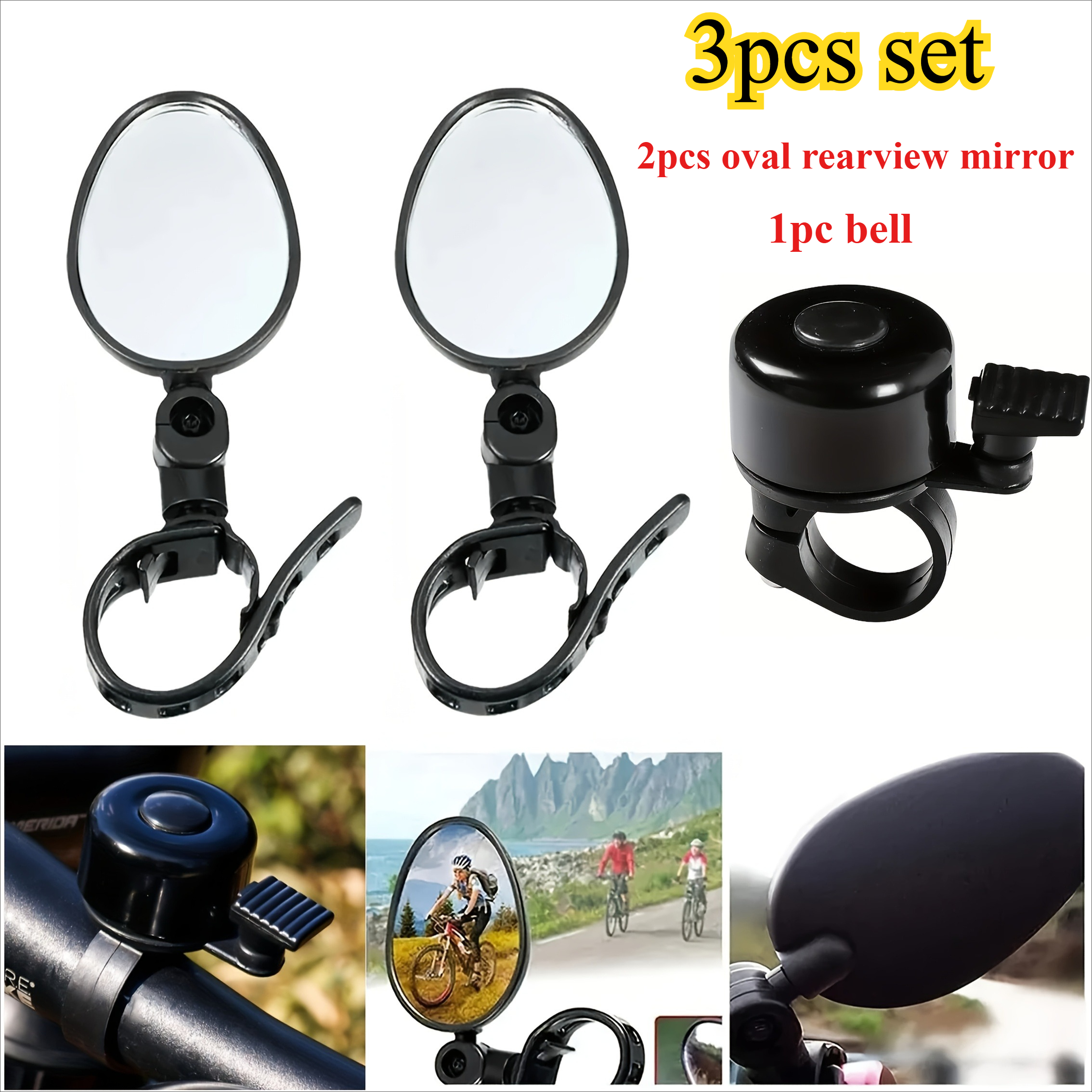TEMU 360° Rotatable For Bicycle Rearview Mirror, Oval Rearview Mirror And Bell Set, Enhancing And Visibility, Shock-absorbing Safety Lenses, Suitable