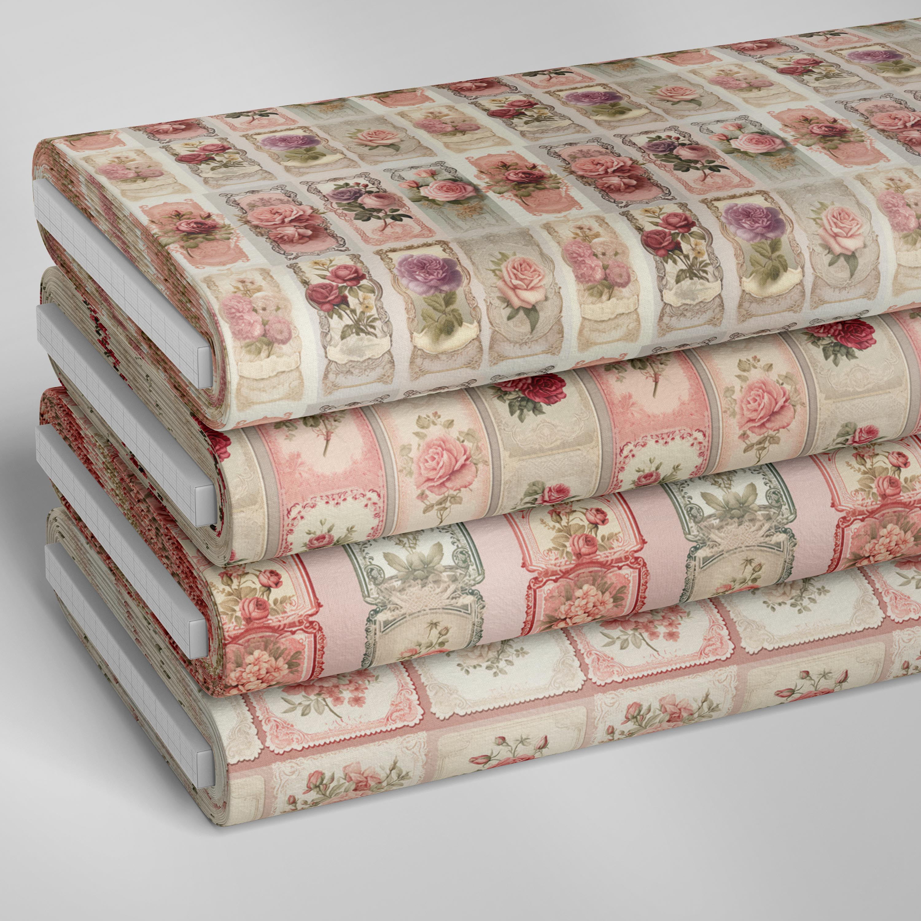 E-shop 4 vorgeschnittene Fat Quarters (18*22 Zoll) Französischer Vintage Rosenmuster Pastoral Blumenstreifen Patchwork Tischdecke Vorhang Dekoration