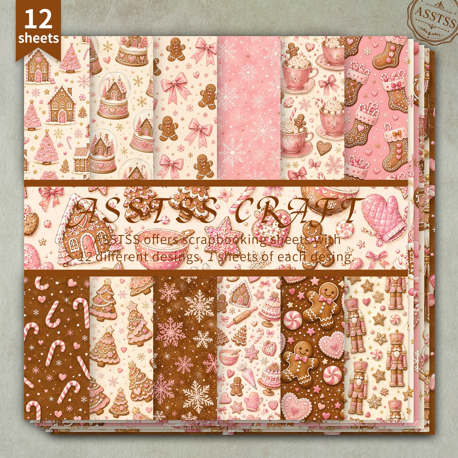 TEMU 12-sheet Asstss 6x6 Inch Scrapbooking Paper Pad, Pink-brown Christmas Gingerbread For Man Snowflake Style Backing Paper Supplies, Heavyweight