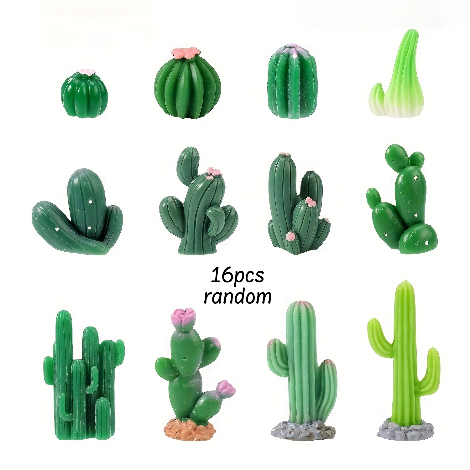 TEMU Lot de 16 mini ornements de cactus artificiels aléatoires, modèles miniatures de succulentes vertes en résine, décorations de gâteau, adaptés de