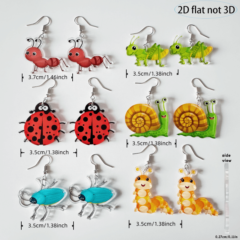 TEMU 2d Flat, Cute Cartoon Ladybug, , Ant, Grasshopper And Snail Insect Themed Pendant Acrylic Earrings 6 Pairs, Women's Fun Cartoon Animal Earrings