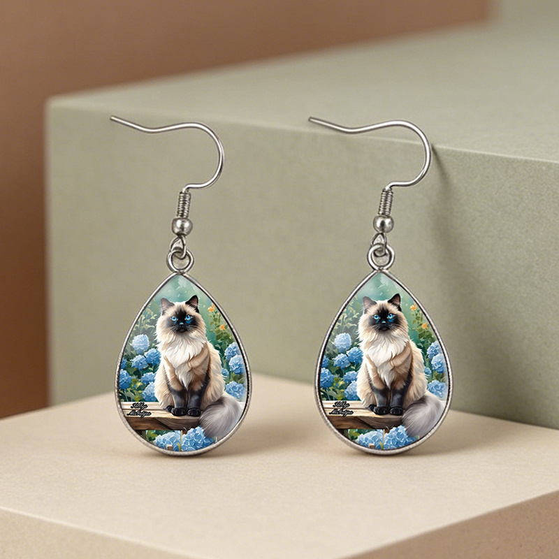 TEMU 1 Paire de Boucles d'Oreilles Cabochon en Verre Hortensia Aquarelle et Chat Siamois - Nickel, Adaptées , Cadeaux de Saint-Valentin/Fête des